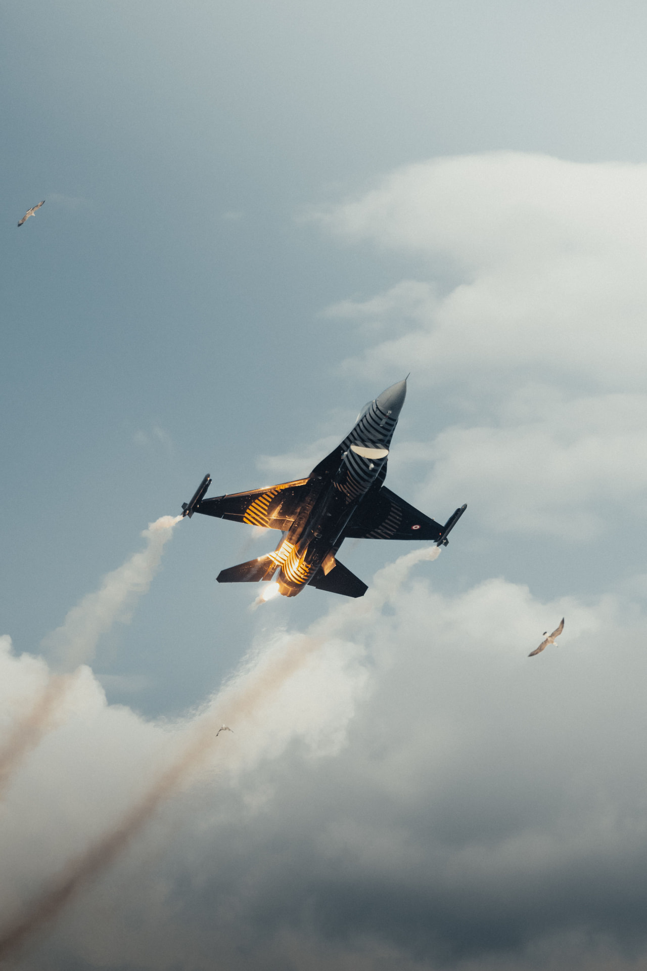 Fighter jet climbing through cloud with flares trailing