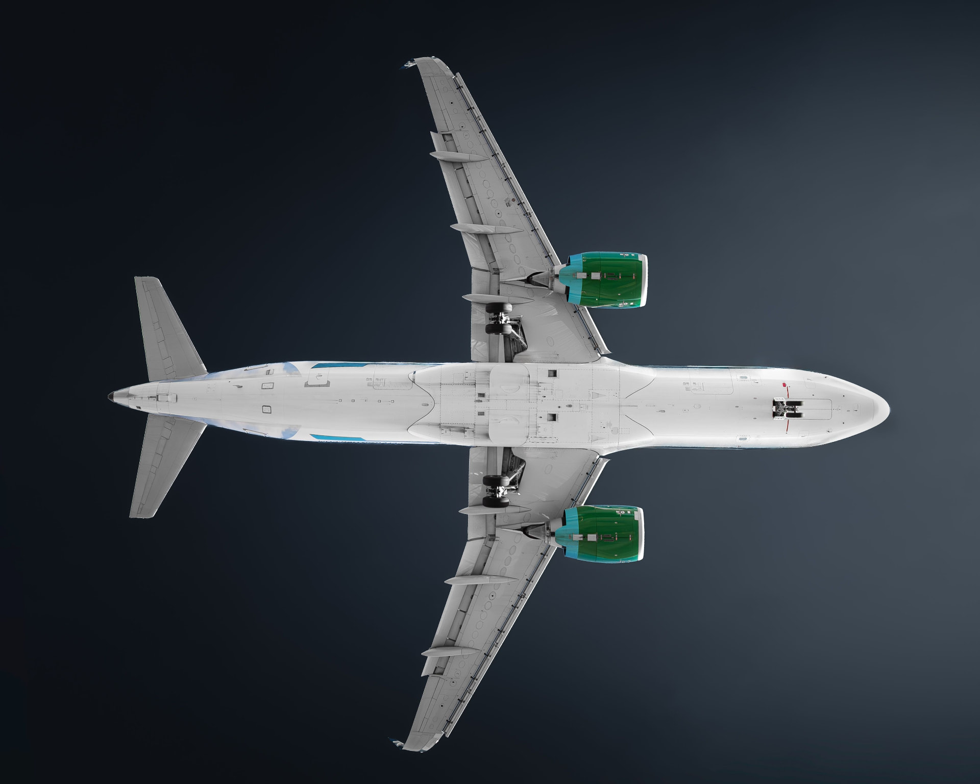 Top-down view of an airliner airframe against a dark background