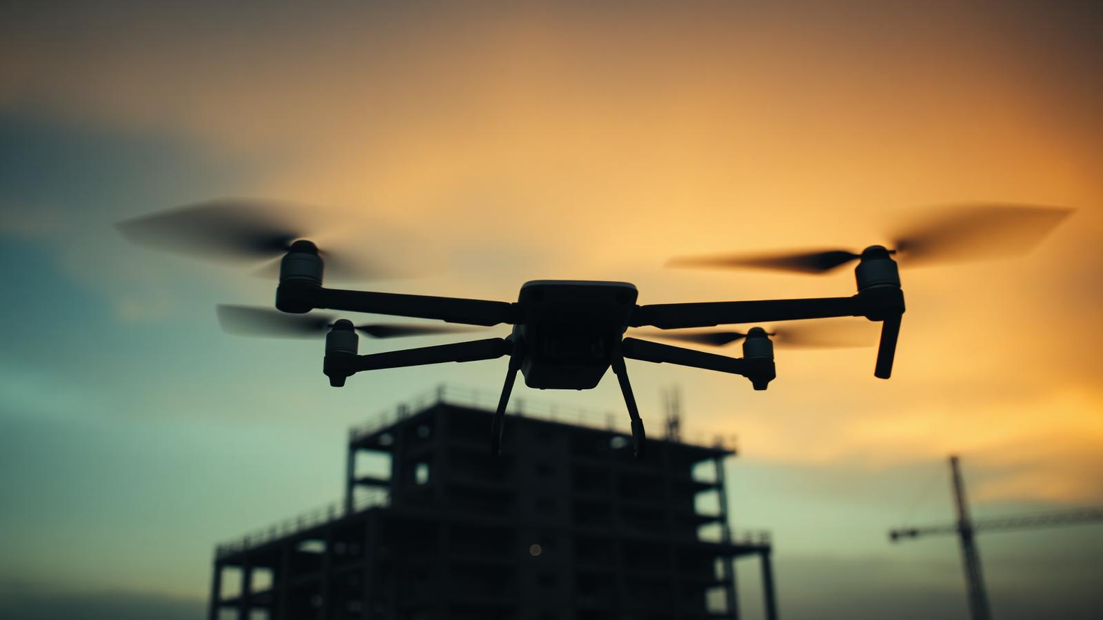 Drone operator flying over a construction site at dusk