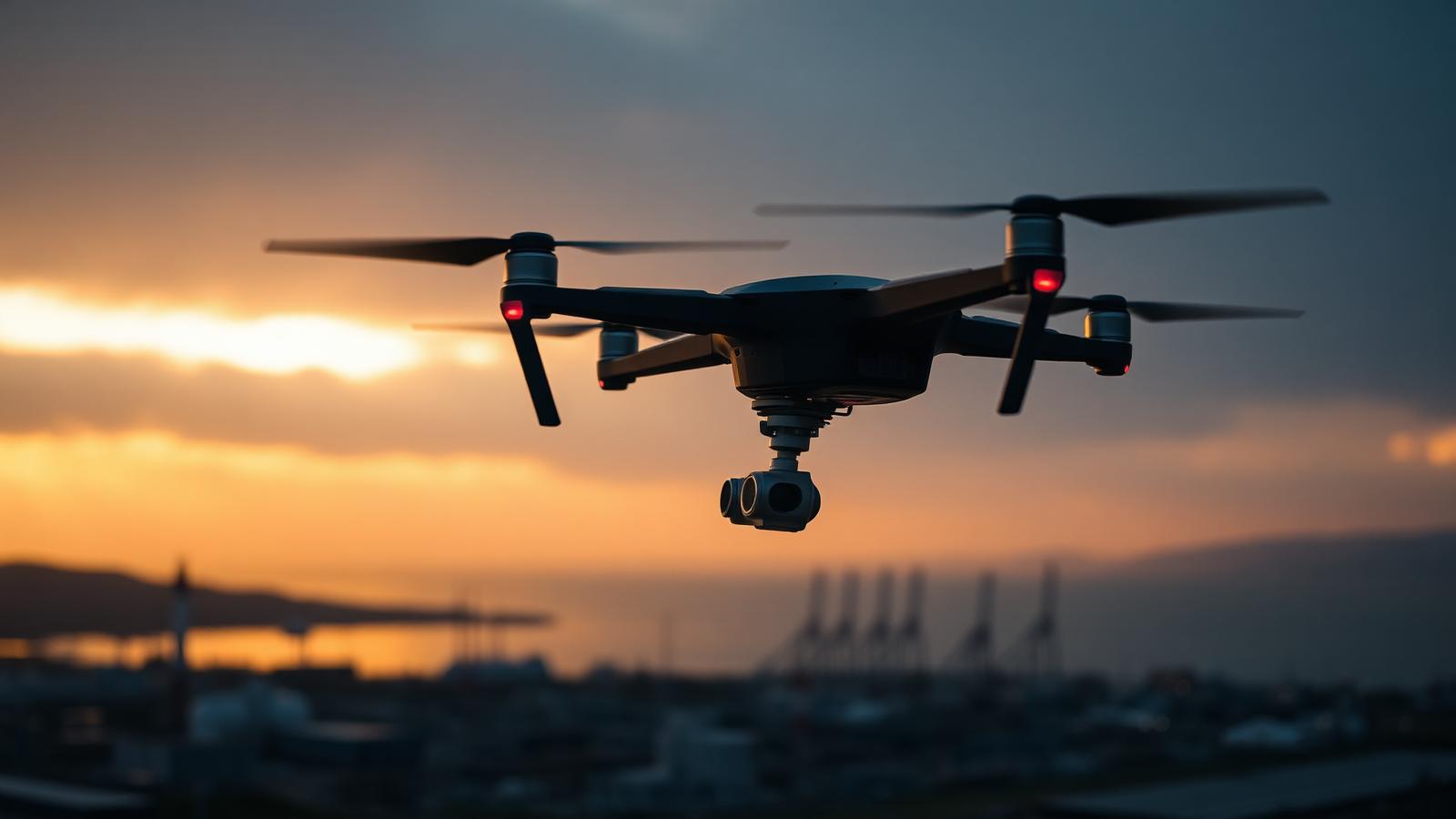Commercial quadcopter drone hovering over a coastal industrial landscape at dusk